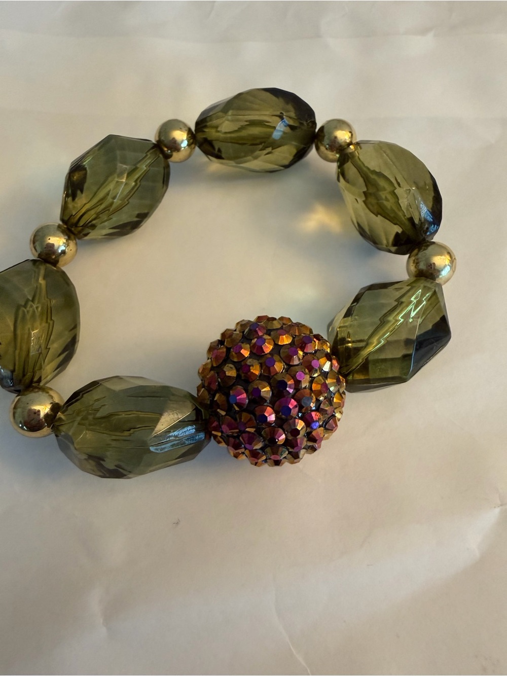 VTG Large Faceted Beads Olive Green Pink Rhinestone Babble Bracelet - Picture 3 of 7